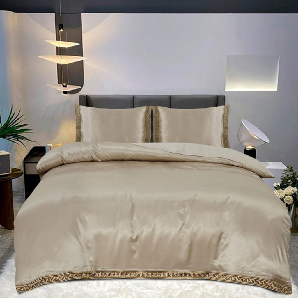 Beau Maison Glanzend Satijnen Dekbedovertrek met Lace / Griekse Sleutel / Versace - Taupe