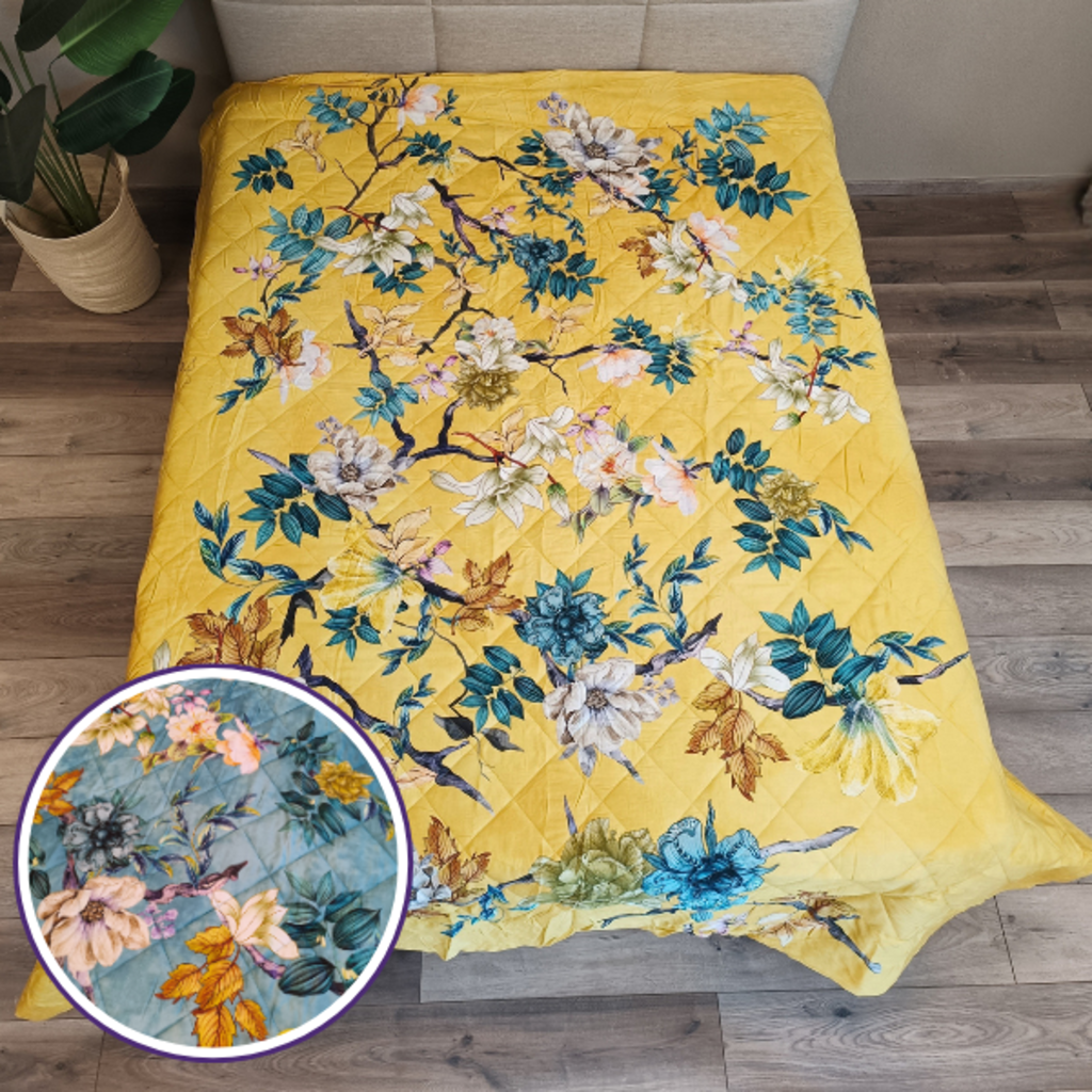 Suite Sheets Easy Dekbed & Bedsprei Katoen Satijn Floral Yellow Blue - Dubbelzijdige Bedsprei - 200TC