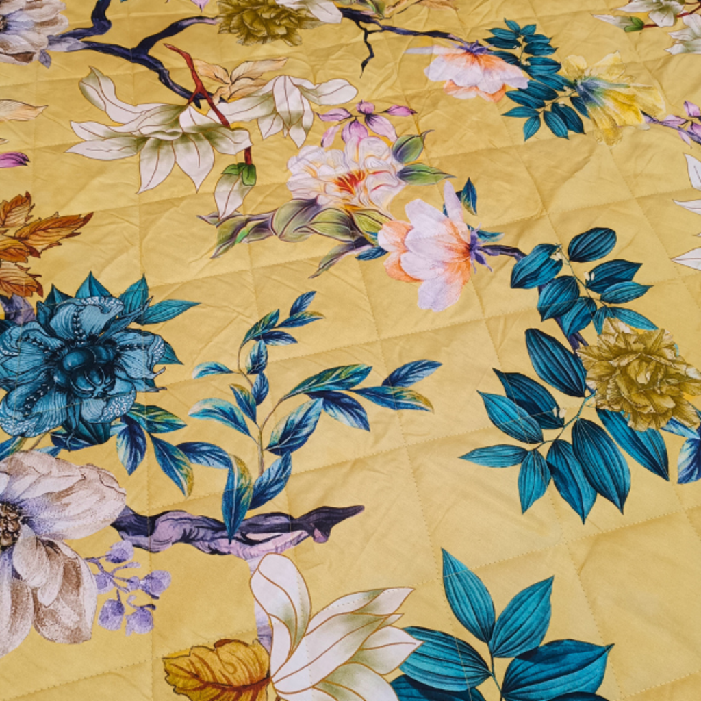 Suite Sheets Easy Dekbed & Bedsprei Katoen Satijn Floral Yellow Blue - Dubbelzijdige Bedsprei - 200TC