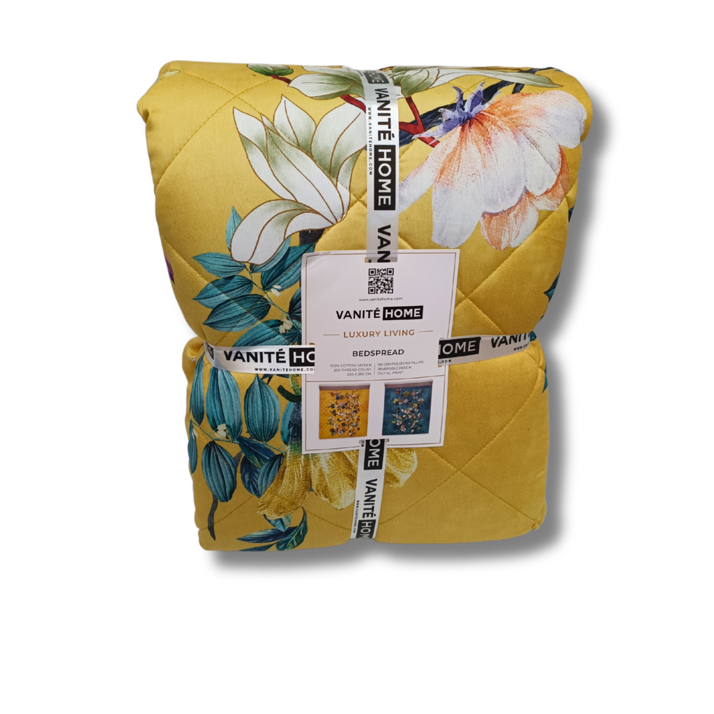 Suite Sheets Easy Dekbed & Bedsprei Katoen Satijn Floral Yellow Blue - Dubbelzijdige Bedsprei - 200TC