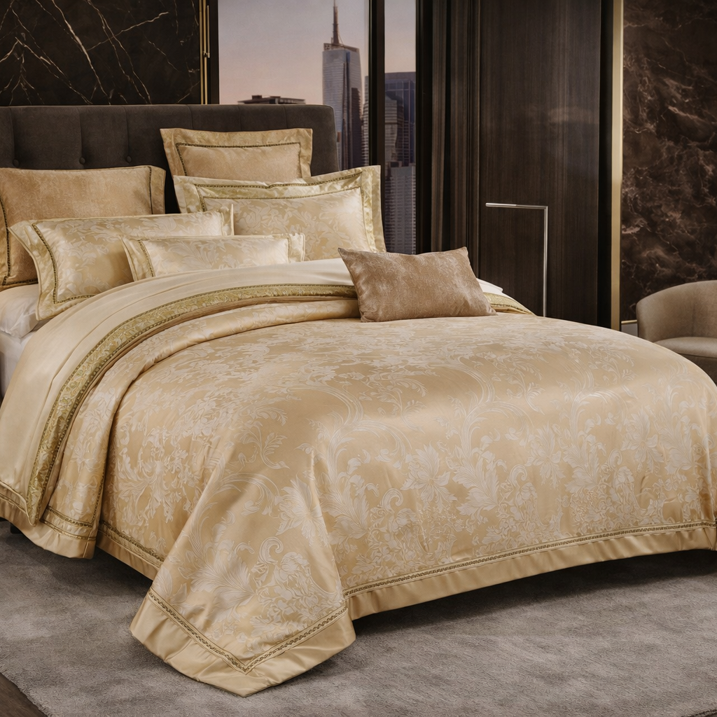 Otsukeori 4 PCS Dekbedovertrekset + Hoeslaken Embossed Champagne Gold 240x220 cm  + 2 kussenslopen