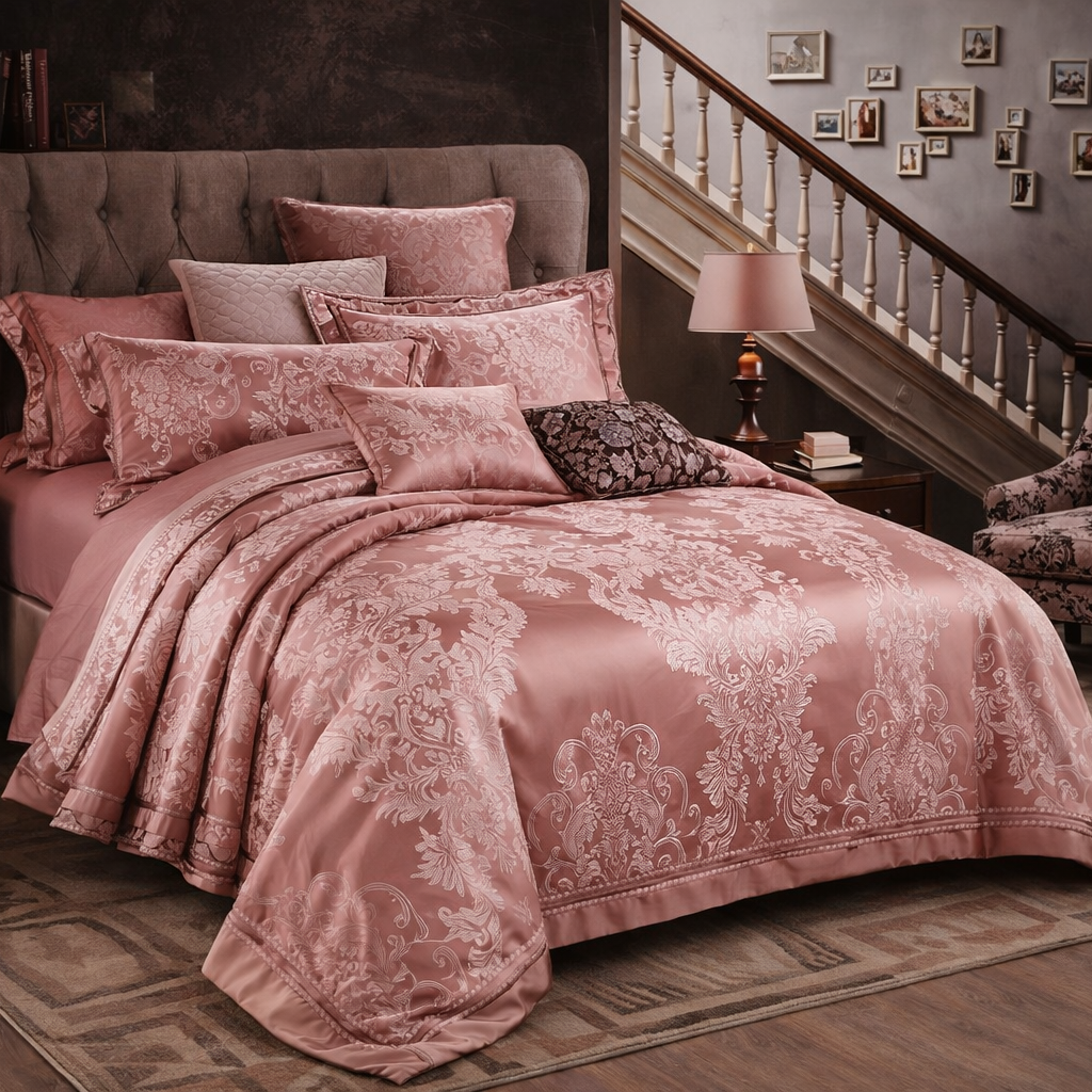 Otsukeori 4 PCS Dekbedovertrekset + Hoeslaken Embossed Pink 240x220 cm  + 2 kussenslopen