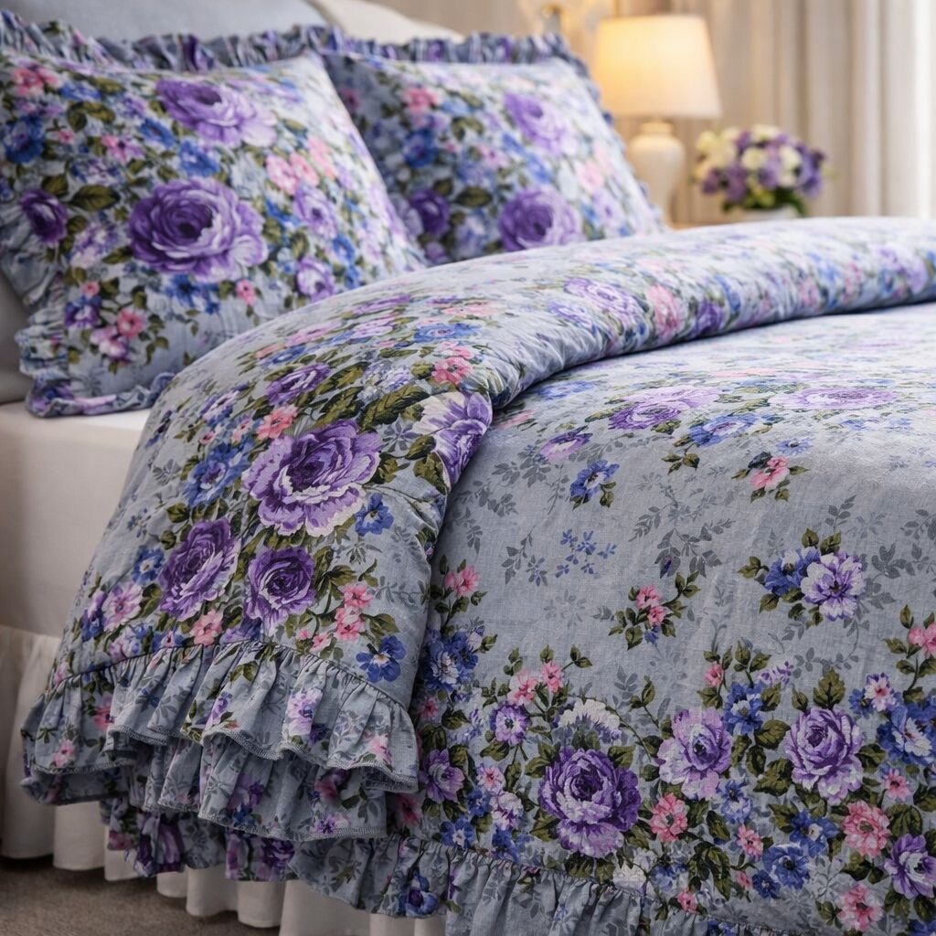 Overige Grey Flowers Ruches Dekbedovertrek Micro Percal