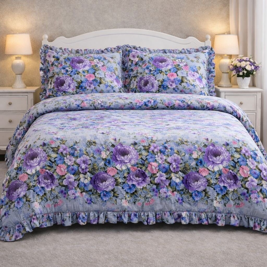 Overige Grey Flowers Ruches Dekbedovertrek Micro Percal