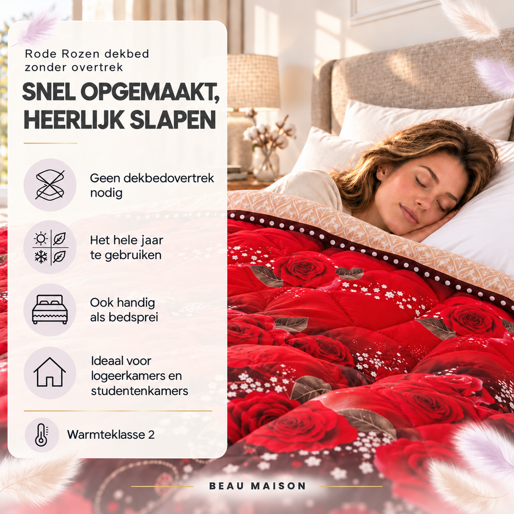 Beau Maison Rode Rozen Kant en Klaar Dekbed / Dekbed Zonder Overtrek