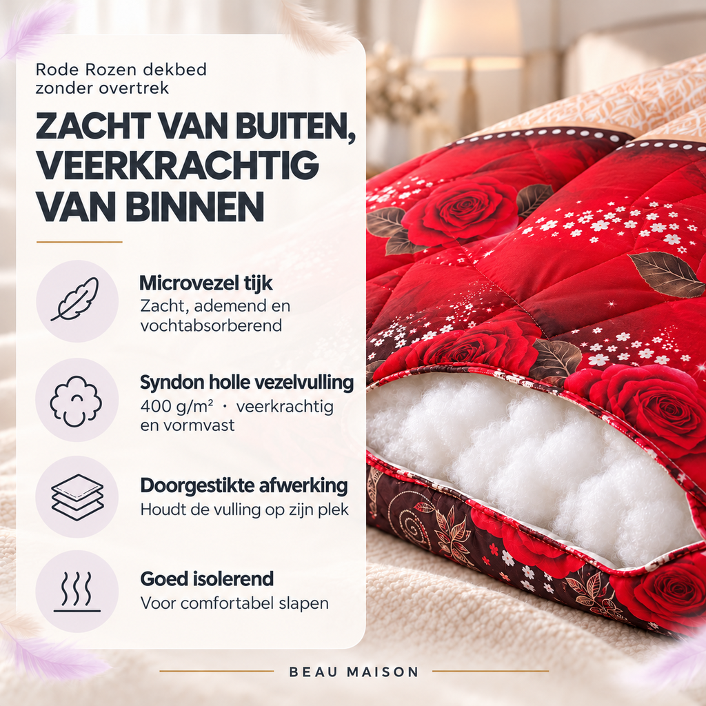 Beau Maison Rode Rozen Kant en Klaar Dekbed / Dekbed Zonder Overtrek
