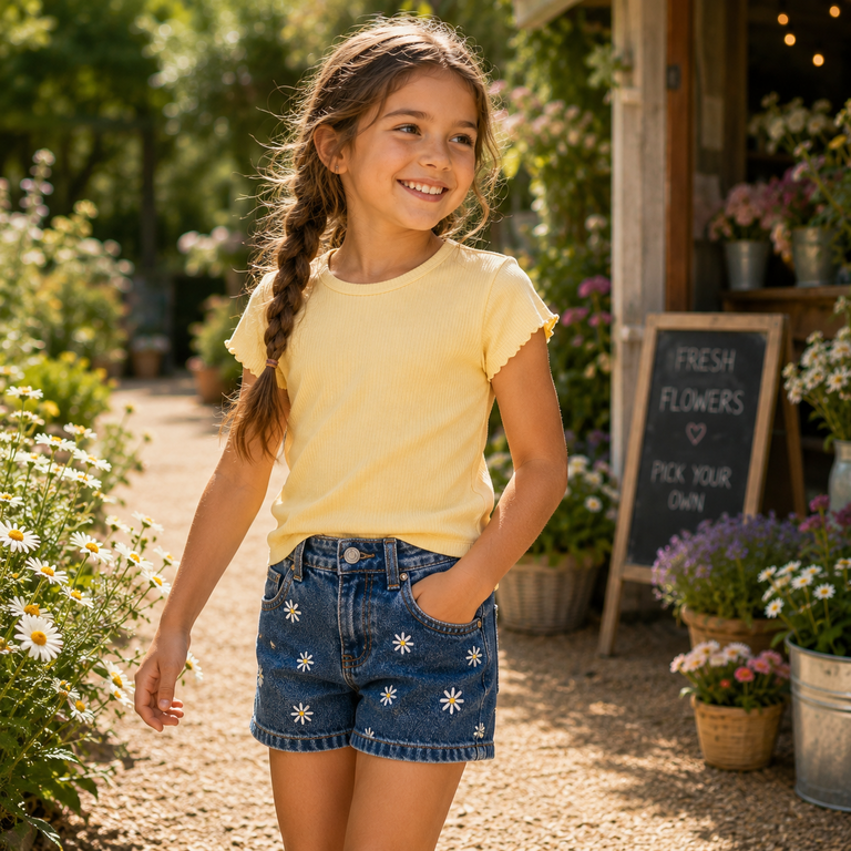 Korte spijkerbroek REGULAR FIT Bella (medium blue bleached denim daisy)