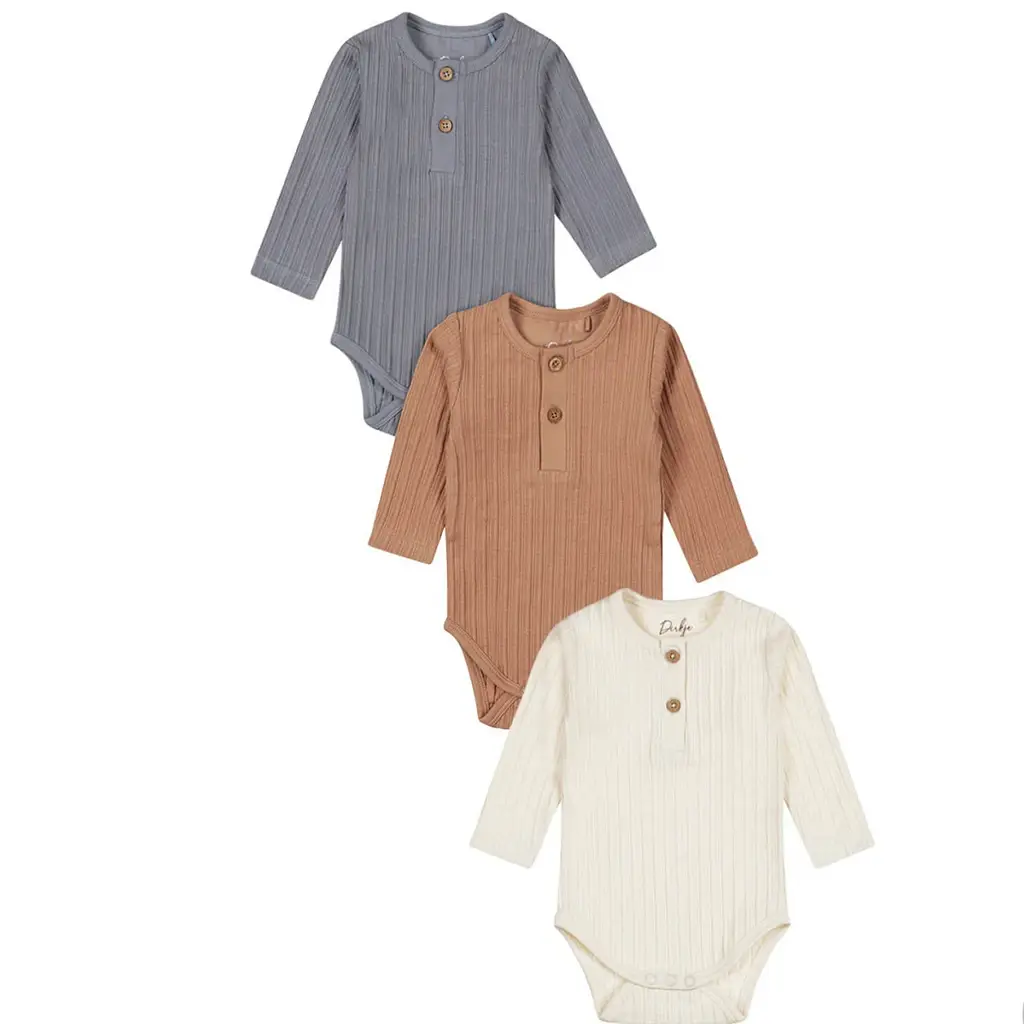 Drie rompertjes rib (faded blue/brown)
