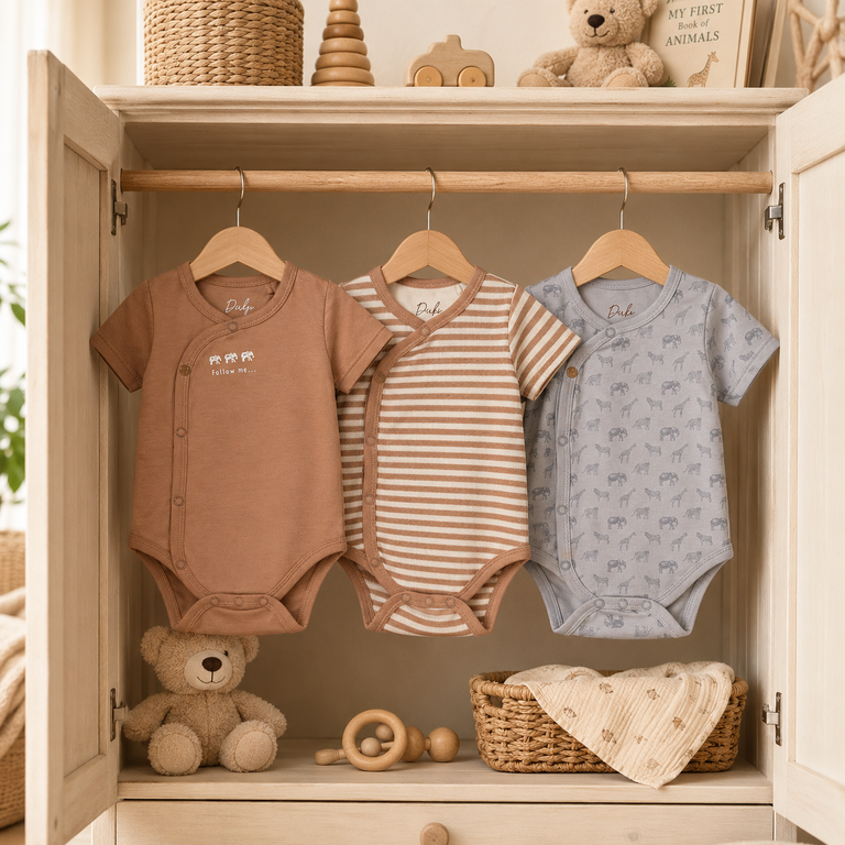 Drie rompertjes (faded blue/brown)