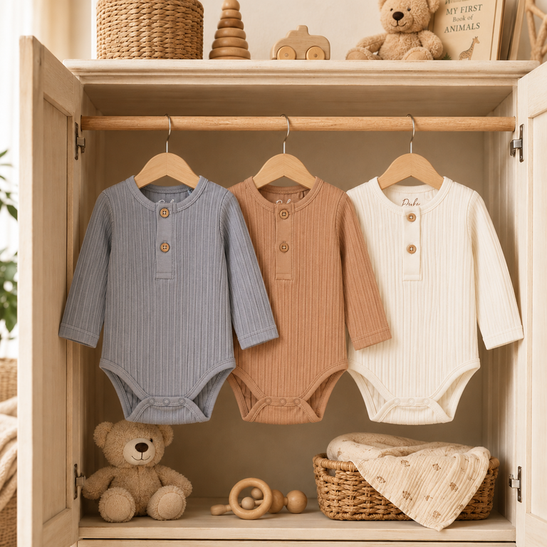 Drie rompertjes rib (faded blue/brown)