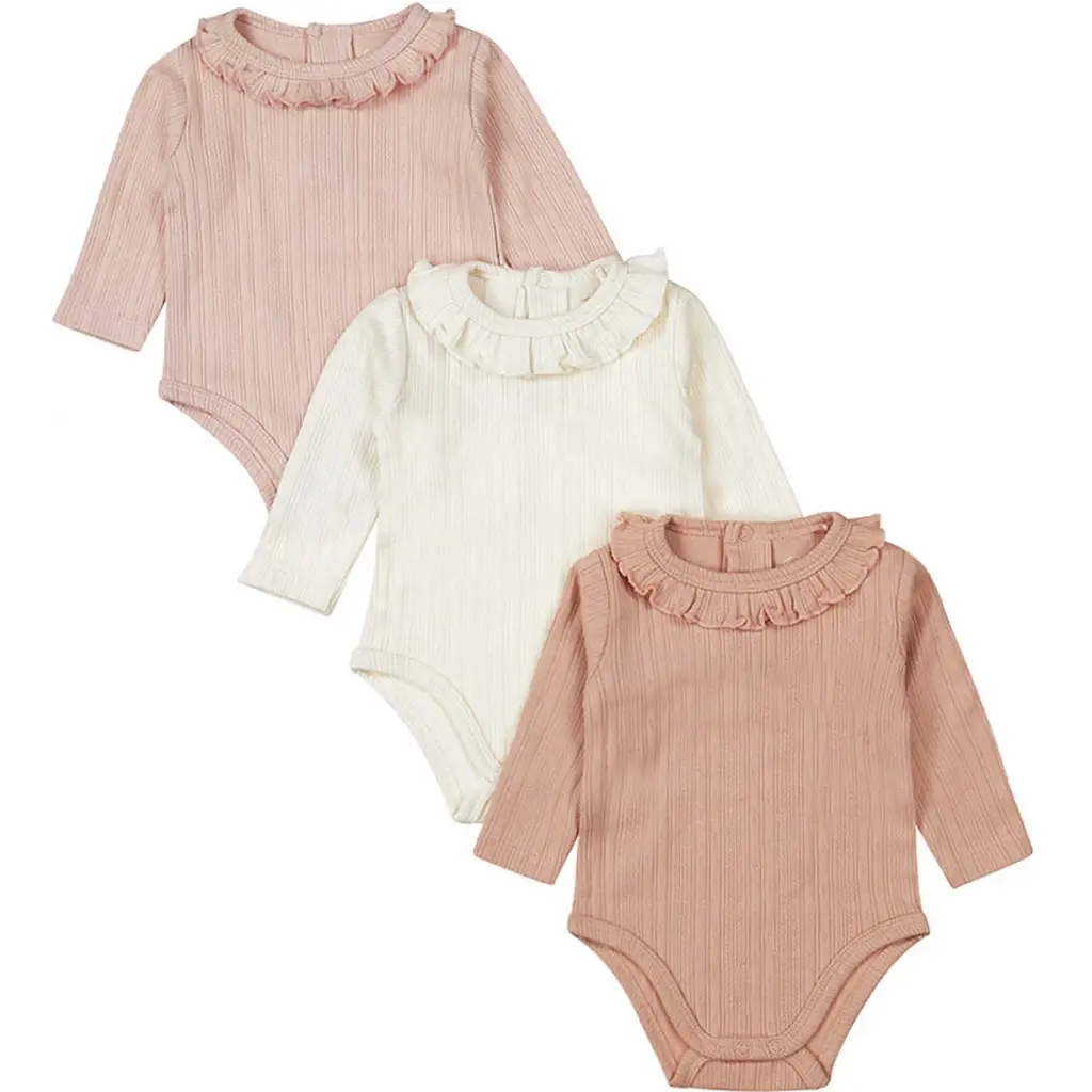 Drie rompertjes kraagje (dusty pink/off-white)