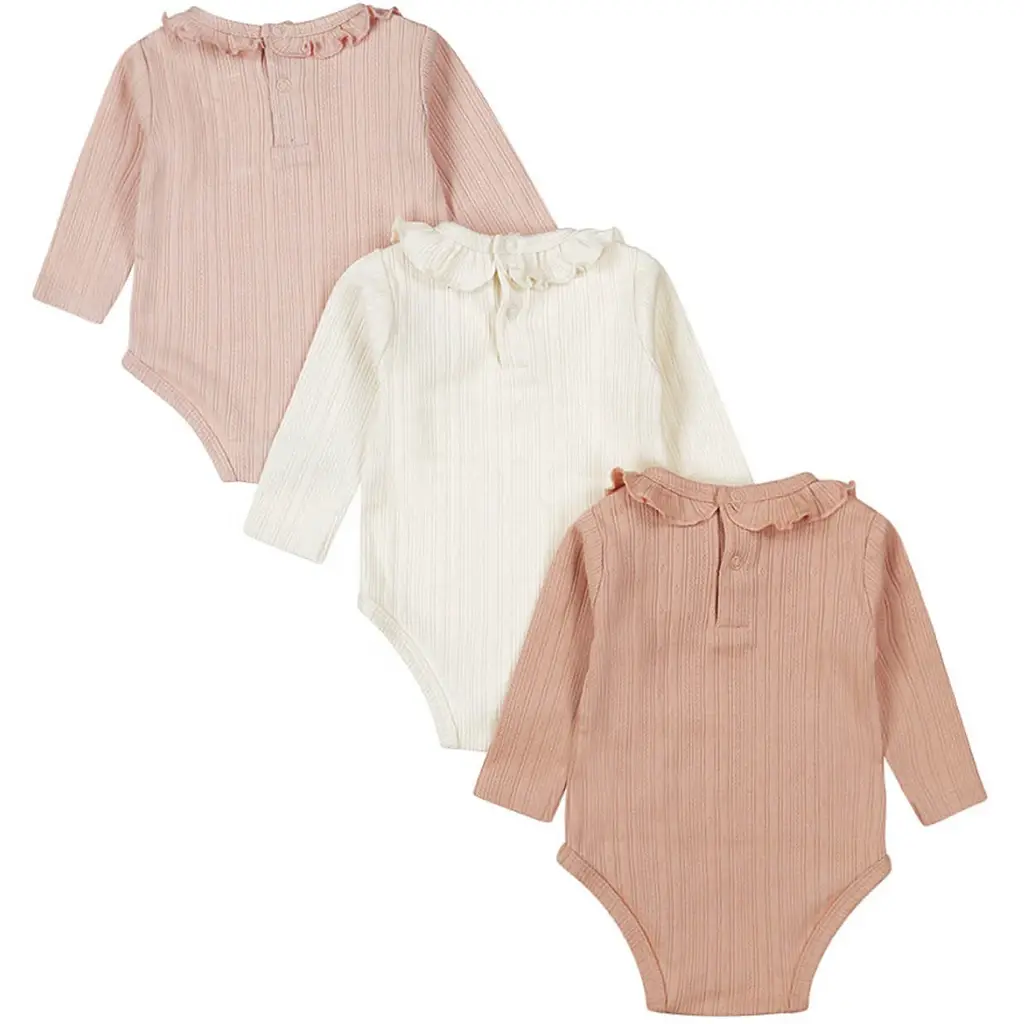 Drie rompertjes kraagje (dusty pink/off-white)
