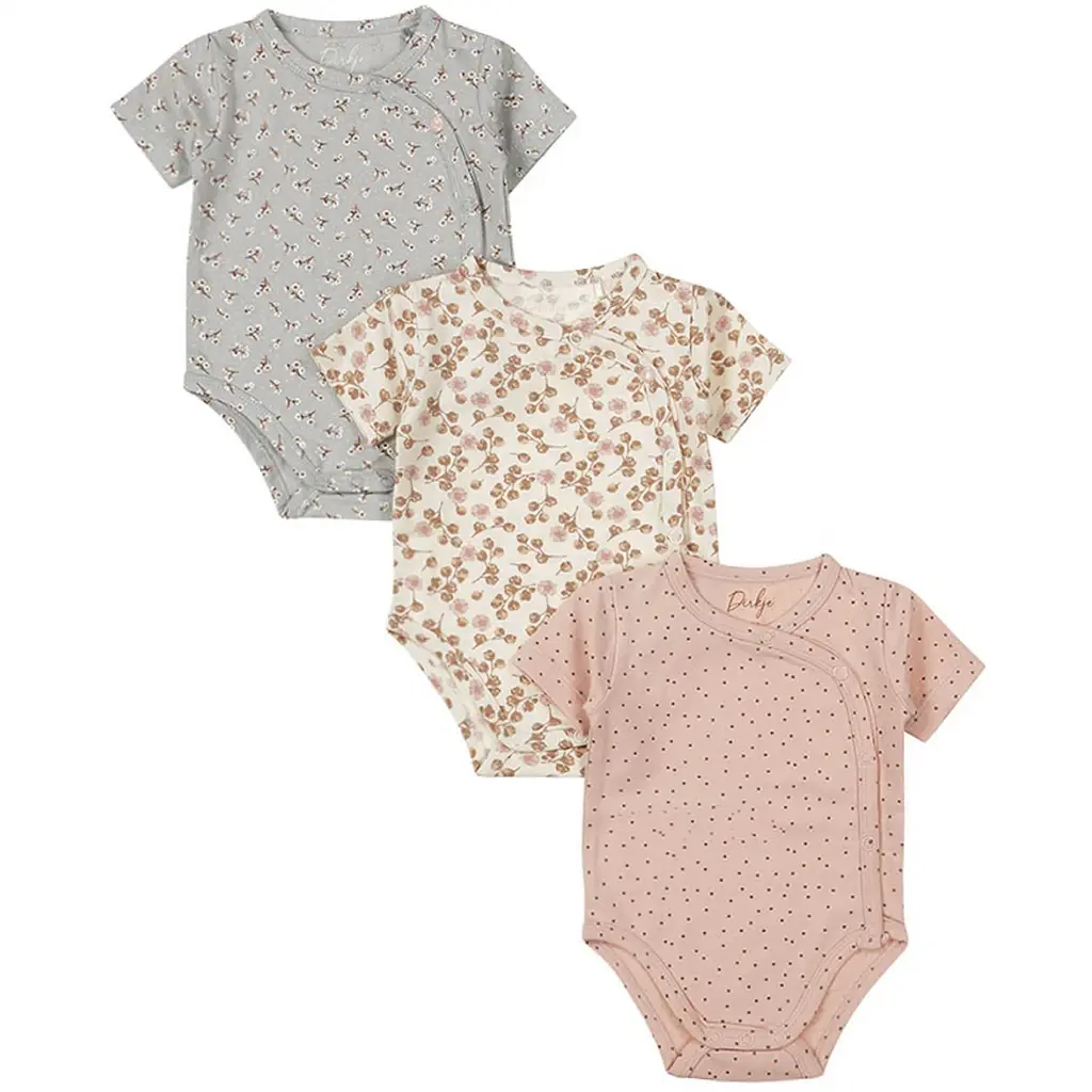 Drie rompertjes (dusty pink/off-white/faded blue)