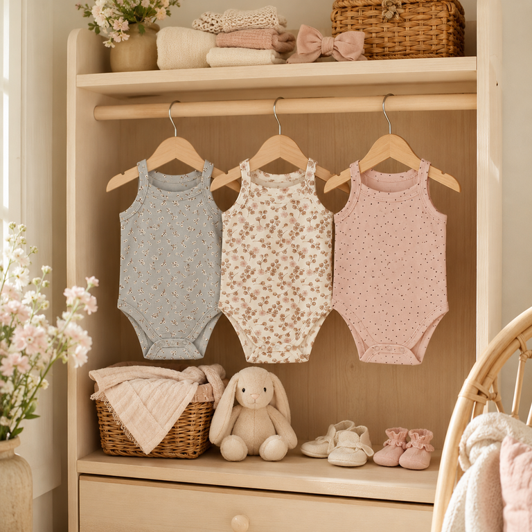 Drie rompertjes (dusty pink/off-white/faded blue)