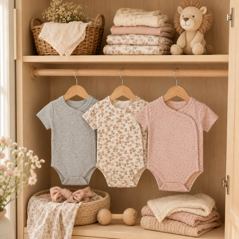 Drie rompertjes (dusty pink/off-white/faded blue)