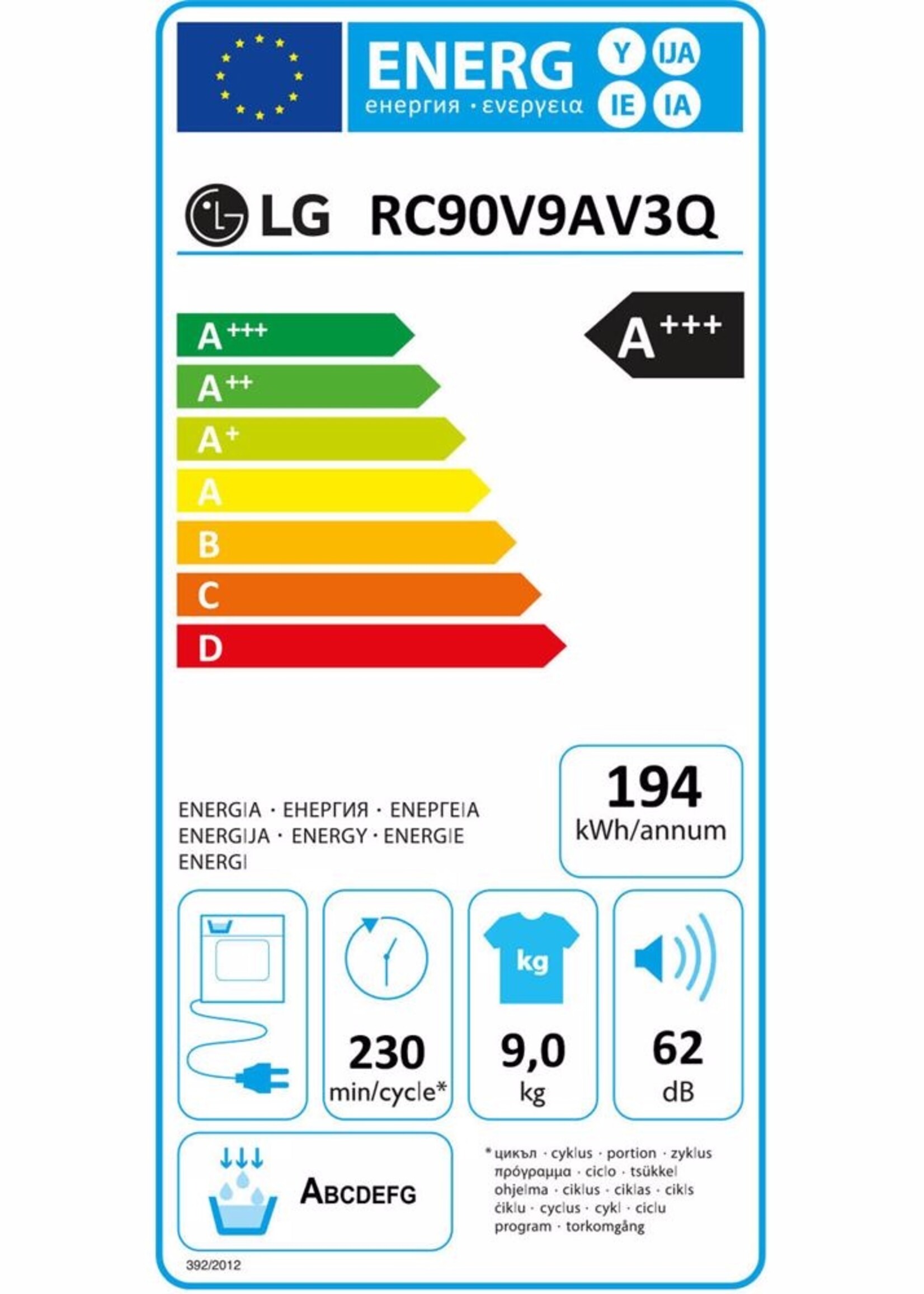 LG RC90V9AV3Q droger 9 kg
