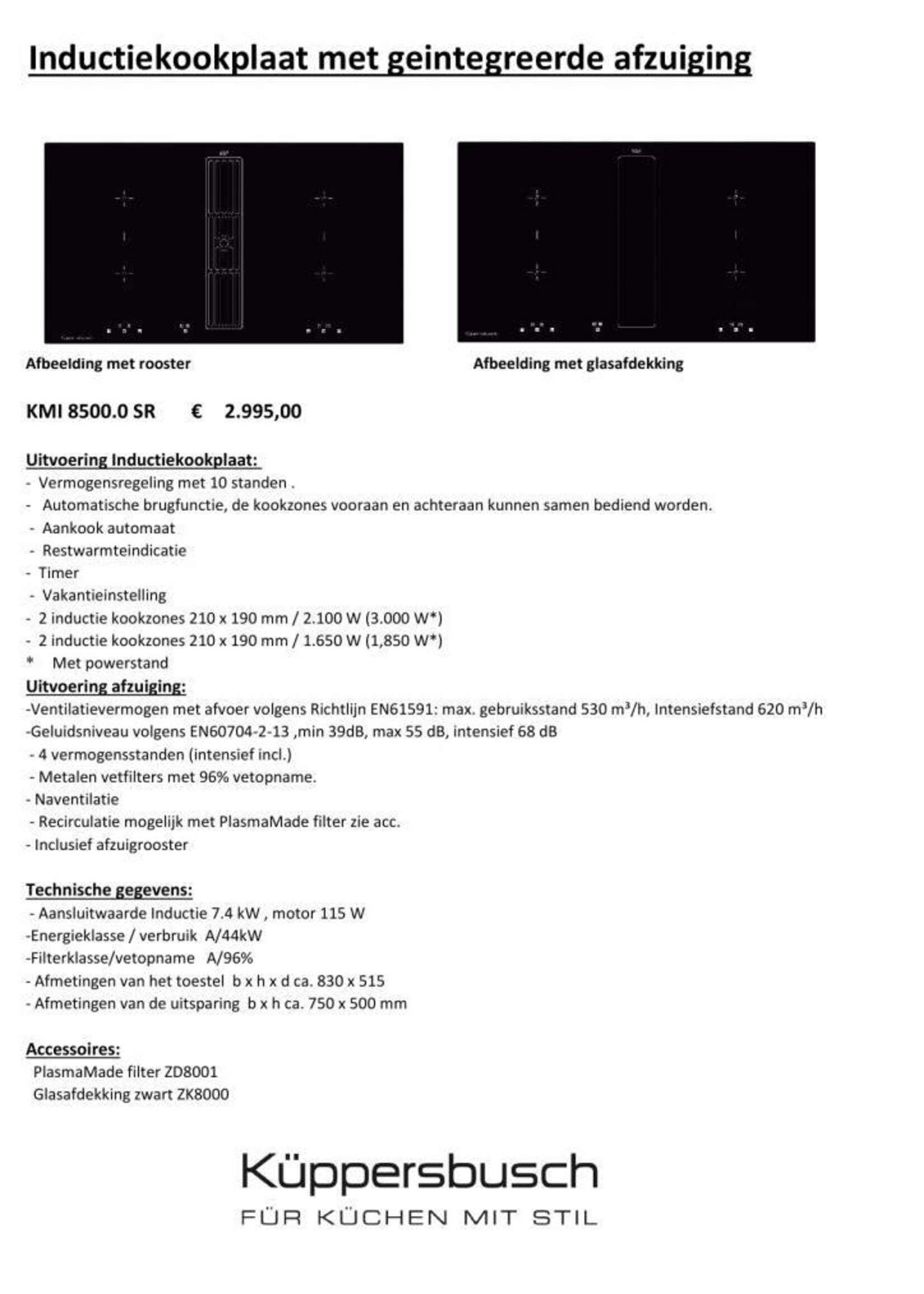 Küppersbusch KMI8500.0SR inductiekookplaat met afzuiging -  INCL PlasmaHome QUADRO 800
