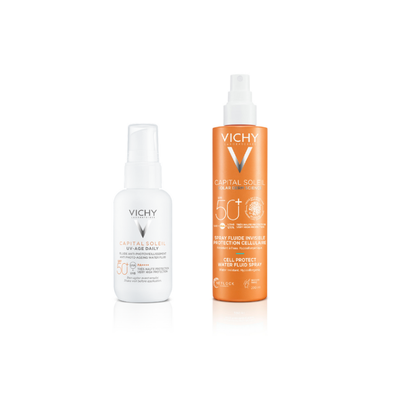 Vichy Capital Soleil Zonnebrand Fluide Spray SPF50+ en UV Age Protect SPF50 - Bundel