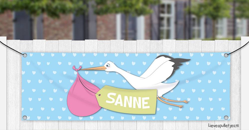 Geboortespandoek Ooievaar met naam blauw