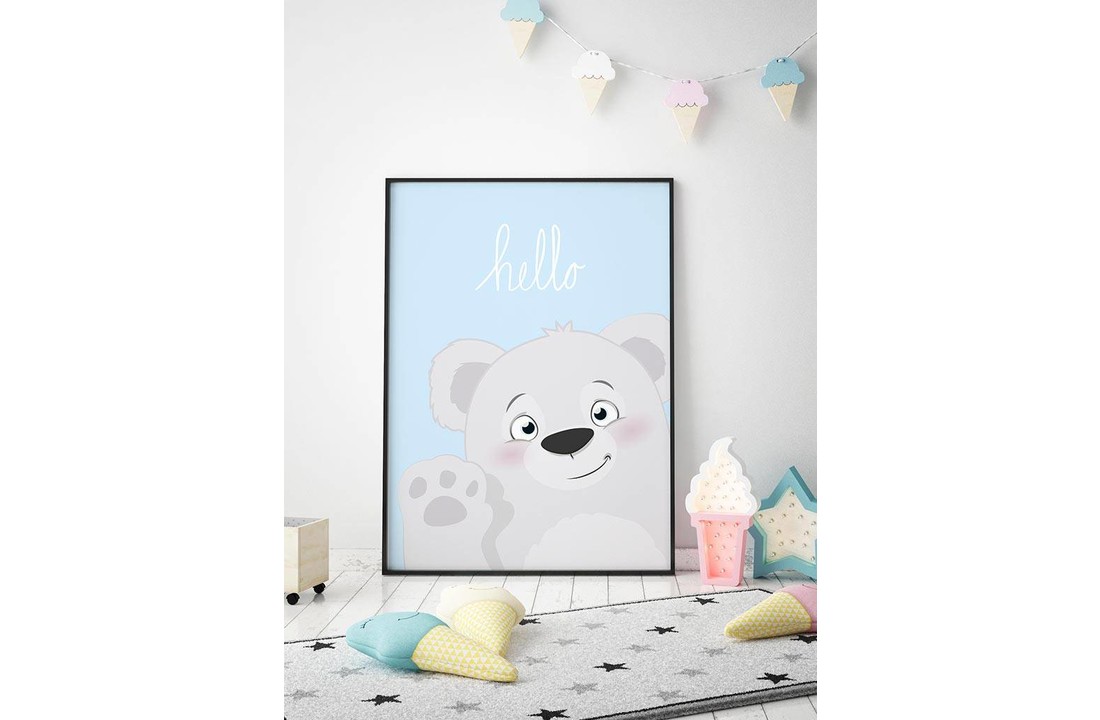 Poster babykamer hello lief beertje blauw