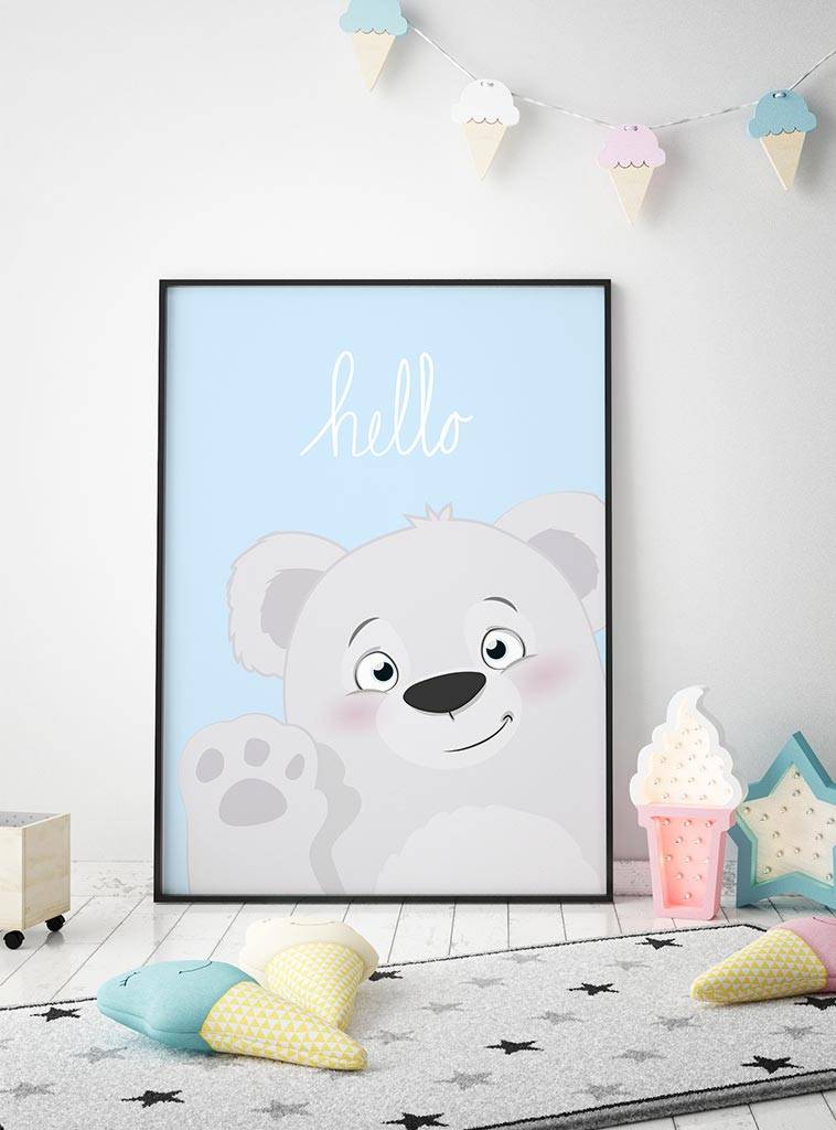 Poster babykamer hello lief beertje blauw