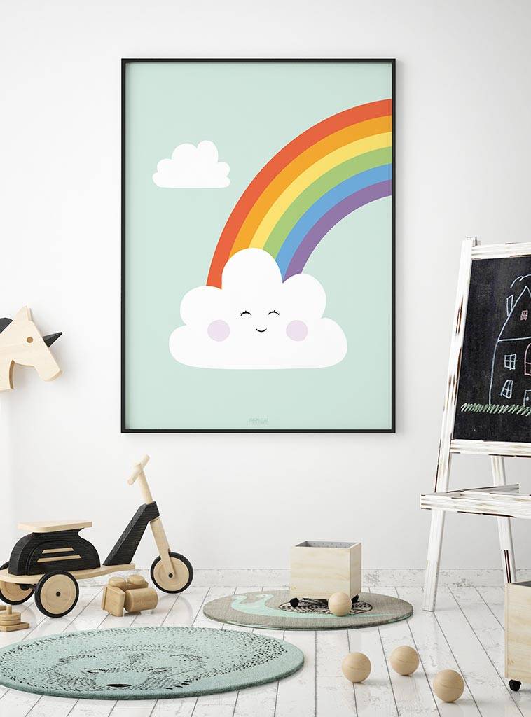 Poster kinderkamer regenboog met lief wolkje mint