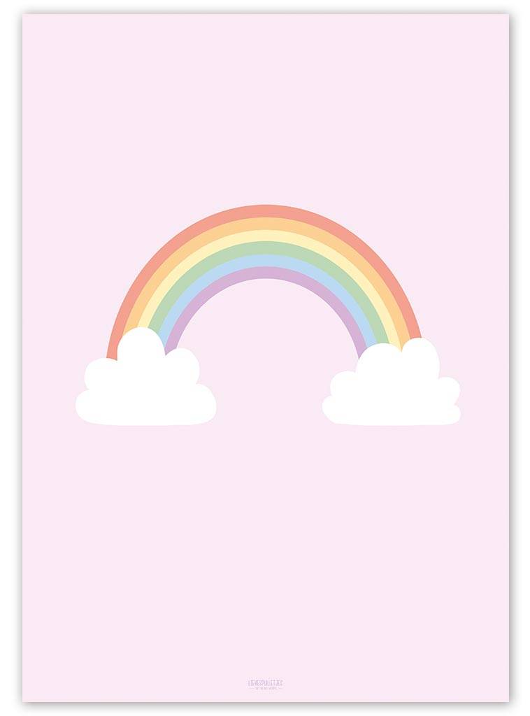 Poster kinderkamer regenboog met wolkjes roze