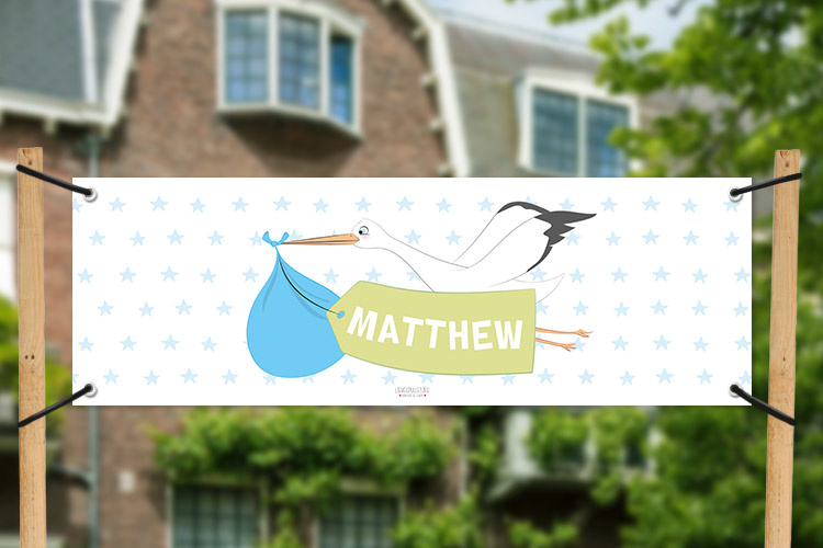 Geboortespandoek Ooievaar met naam blauw