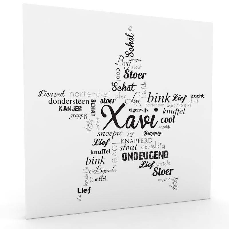 muurdecoratie: Woordenwolk Ster zwart-wit