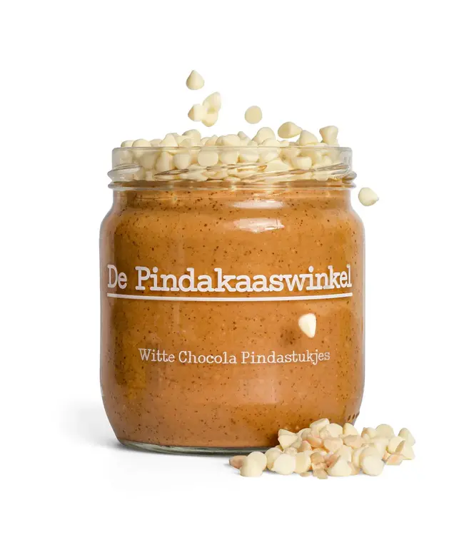 De Pindakaaswinkel Witte Chocolade Pindastukjes 420ml.