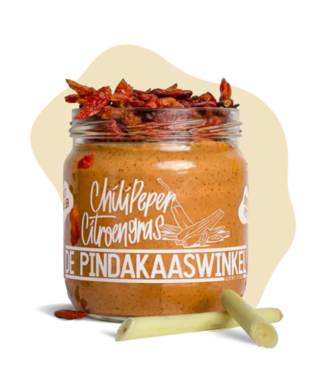De Pindakaaswinkel Pindakaas met Chilipeper Citroengras 420ml.