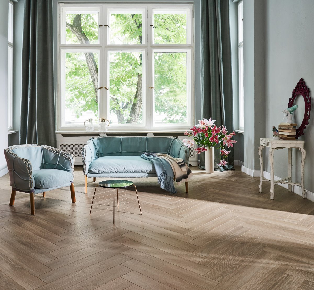 Laminaat 8mm visgraat Oak Skyline pearl grey