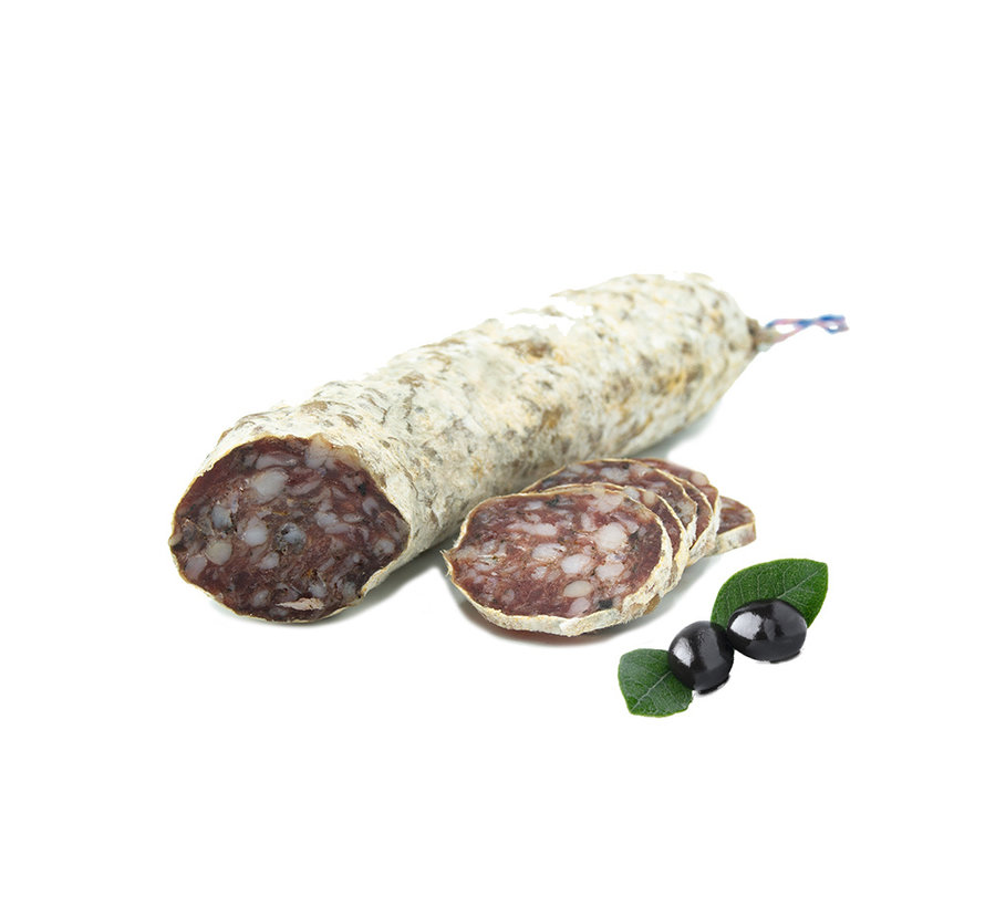 Gedroogde worst met zwarte olijf en basilicum (Per 6 stuks)