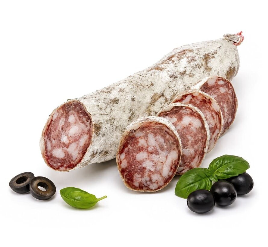 Gedroogde worst met zwarte olijf en basilicum (Per 6 stuks)