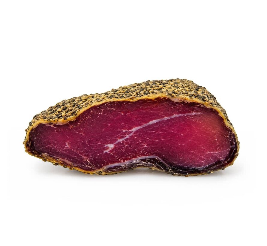 Gedroogde Spaanse halve ham omhuld met zwarte peper (Per stuk)