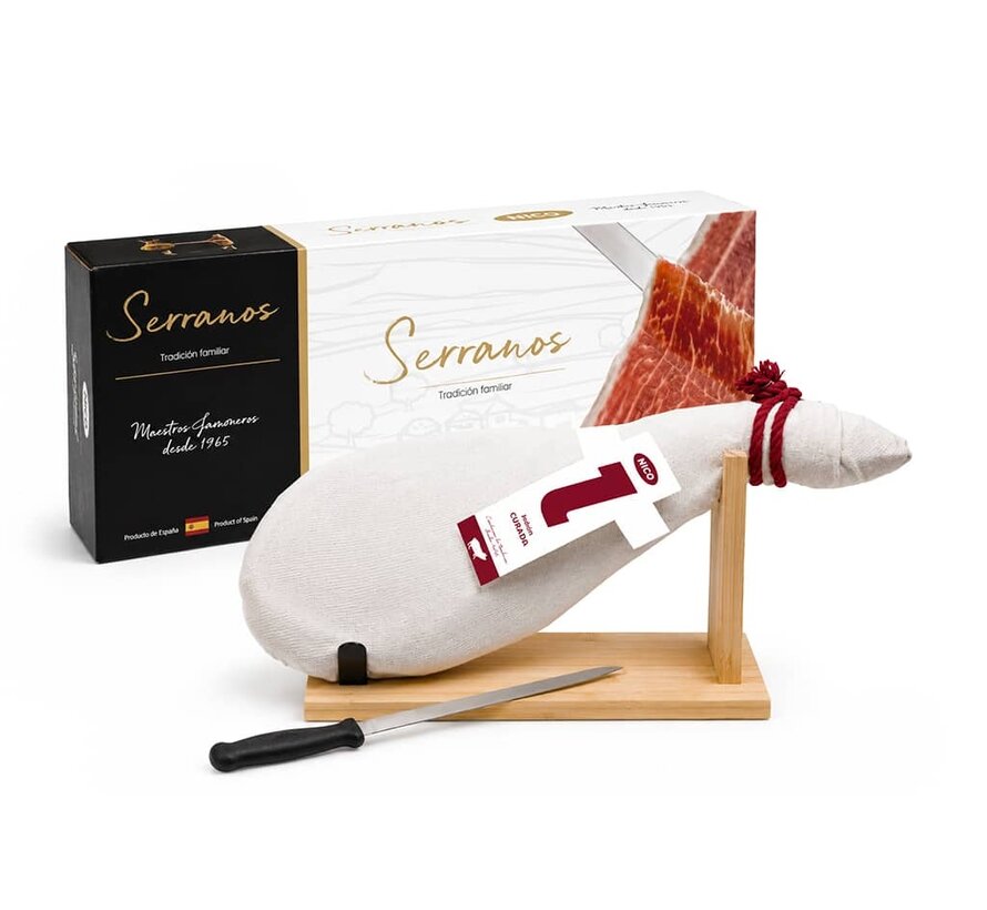 Paleta Curada Serrano met standaard en mes (4-4,5 kilo) (Per stuk)
