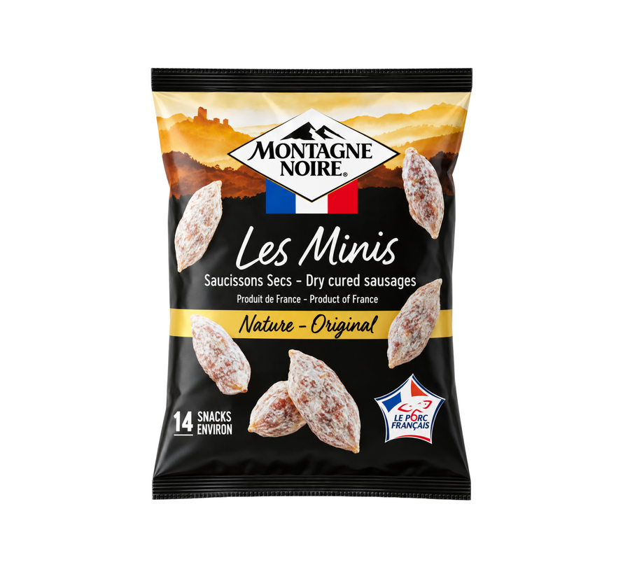 Mini droge worstjes naturel 75gram snackzakjes Montagne Noire (per 15 stuks)
