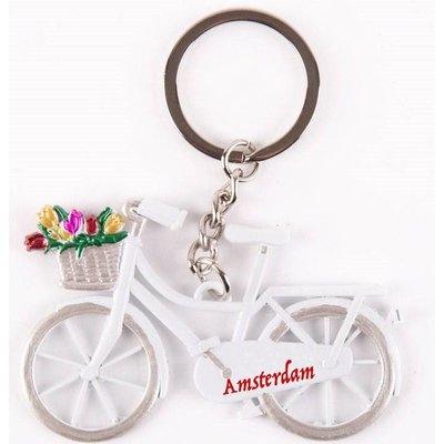 Typisch Hollands Keychain - Bicycle with Tulips - White