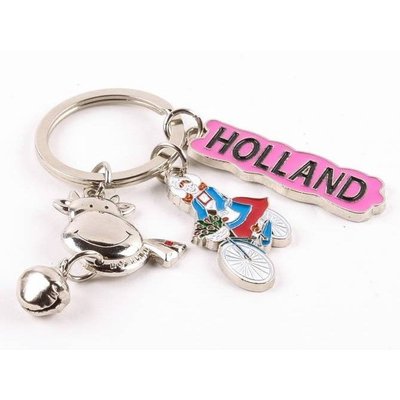 Typisch Hollands Sleutelhanger bedels koe/fiets shiny zilver