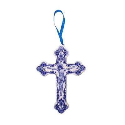 Heinen Delfts blauw Weihnachtsschmuckkreuz mit Jesusbild