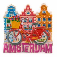 Typisch Hollands Magneet  rode fiets met huisjes Amsterdam