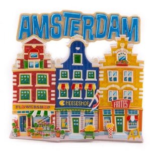 Typisch Hollands Magneet  3 huisjes Amsterdam blauw