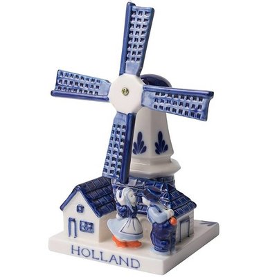 Heinen Delfts blauw Windmühle mit küssendem Paar – Delfter Blau – 11 cm