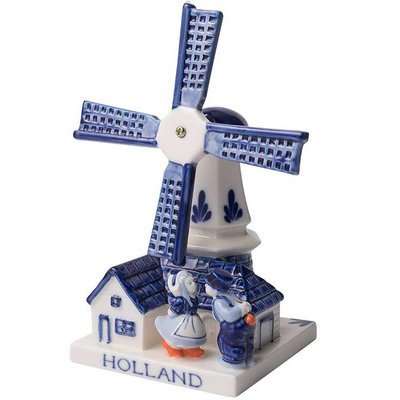 Heinen Delftware Molen met kussend Paar - Delfts blauw - 11 CM