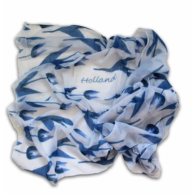 Typisch Hollands Holland Ladies Scarf - White with Blue Tulips