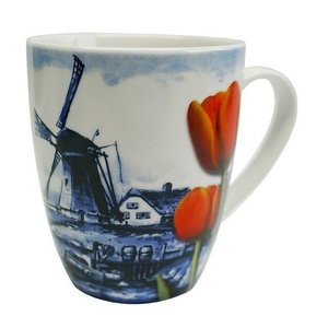 Heinen Delftware Holland Mok - Delfts blauw - Molen - Oranje tulp