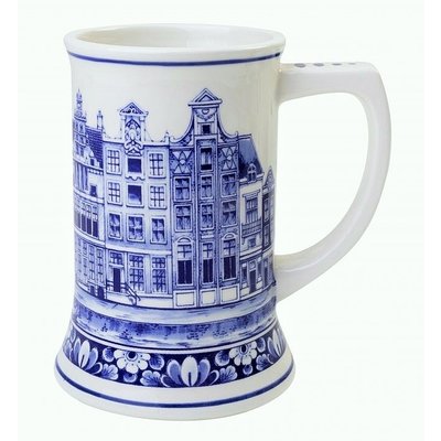 Heinen Delfts blauw Bierkrug Grachtenhäuser - 17 cm