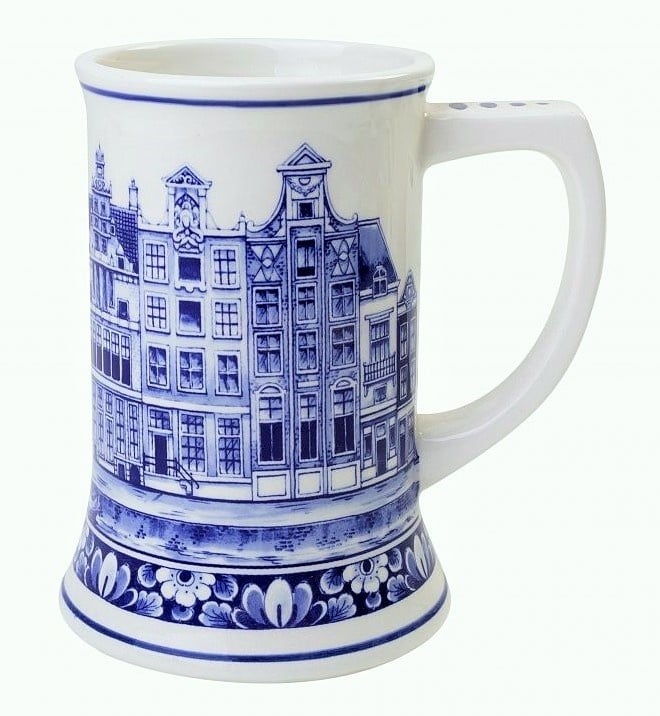 Voorganger Beeldhouwwerk Oh Exclusief- Delfts blauw shop - Bierpul Grachtenhuizen - 17 cm - Typisch  Hollands.