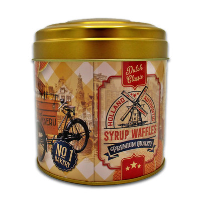 Typisch Hollands Syrup waffles in a nostalgic bakery tin