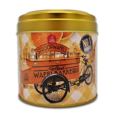 Typisch Hollands Syrup waffles in a nostalgic bakery tin